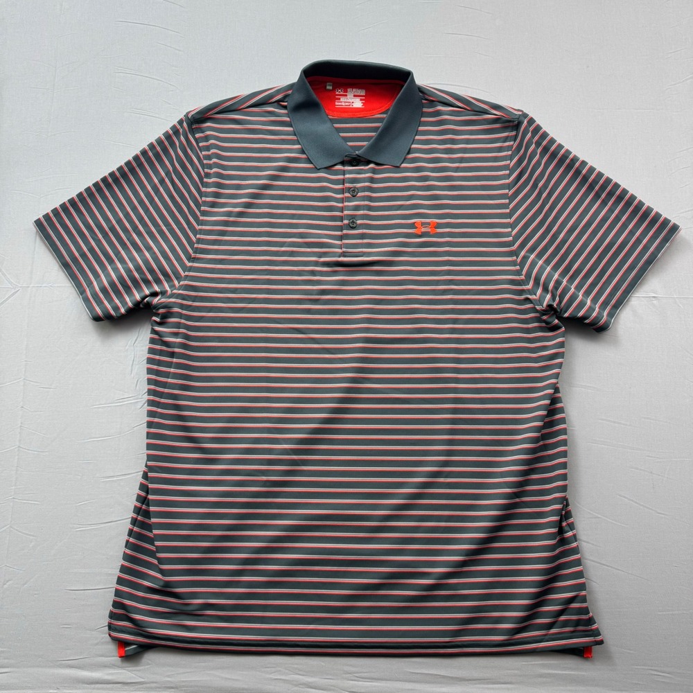 Under Armour Mens 2XL HeatGear Striped Polo Shirt Gray Orange Loose Fit Golf Top